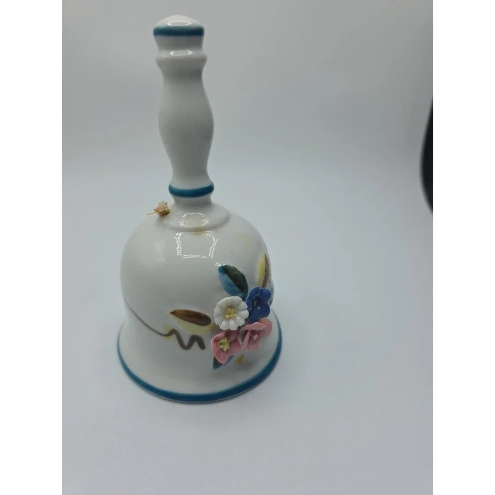 Vtg White Porcelain Bell With Raised Colorful Flowers Enesco 5.5